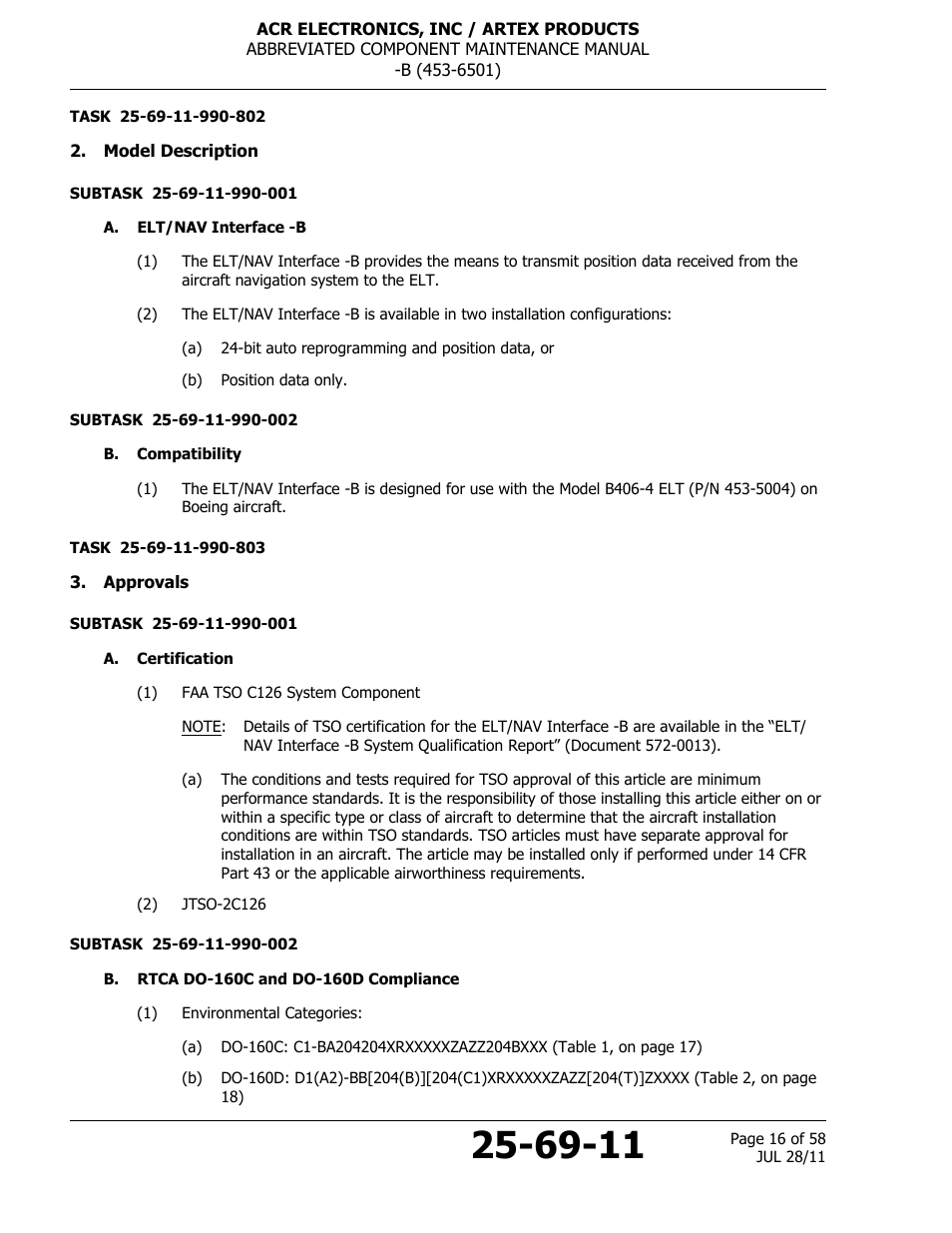 Model description, A. elt/nav interface -b, B. compatibility | Approvals, A. certification, B. rtca do-160c and do-160d compliance | ACR&Artex ELT to Nav Interface Boeing User Manual | Page 16 / 58