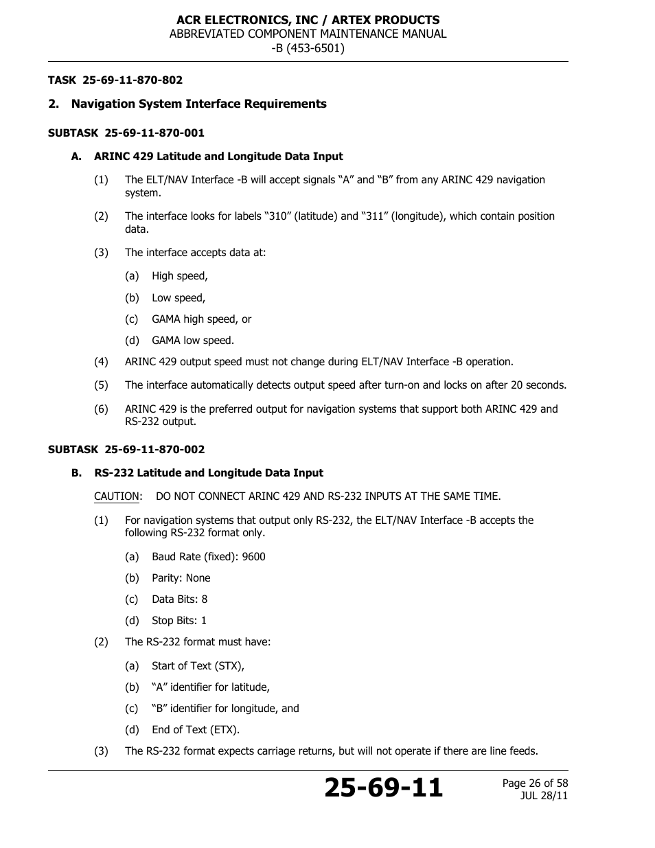 Navigation system interface requirements, A. arinc 429 latitude and longitude data input, B. rs-232 latitude and longitude data input | ACR&Artex ELT to Nav Interface Boeing User Manual | Page 26 / 58