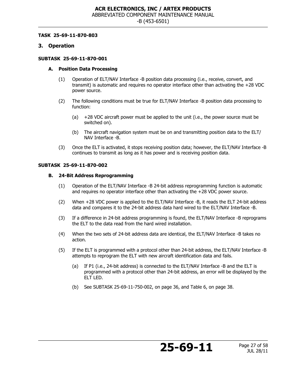 Operation, A. position data processing, B. 24-bit address reprogramming | ACR&Artex ELT to Nav Interface Boeing User Manual | Page 27 / 58