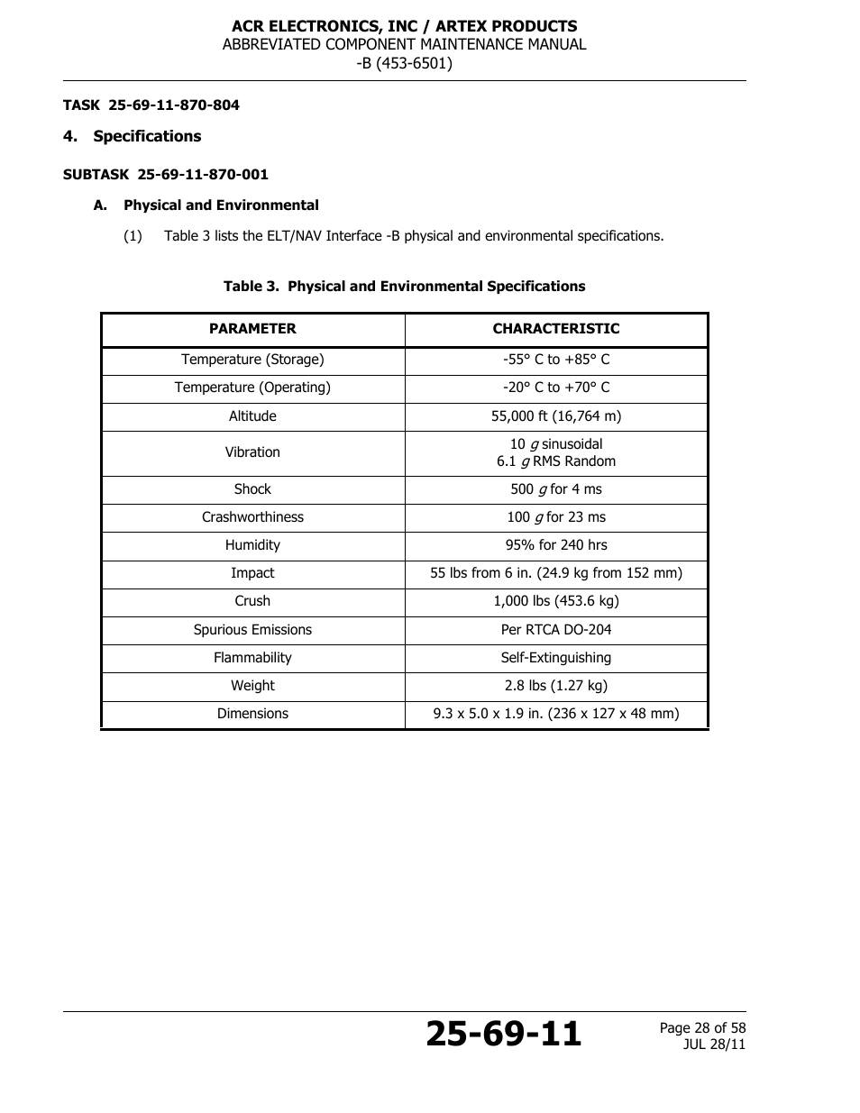Specifications, A. physical and environmental, Table 3. physical and environmental specifications | ACR&Artex ELT to Nav Interface Boeing User Manual | Page 28 / 58