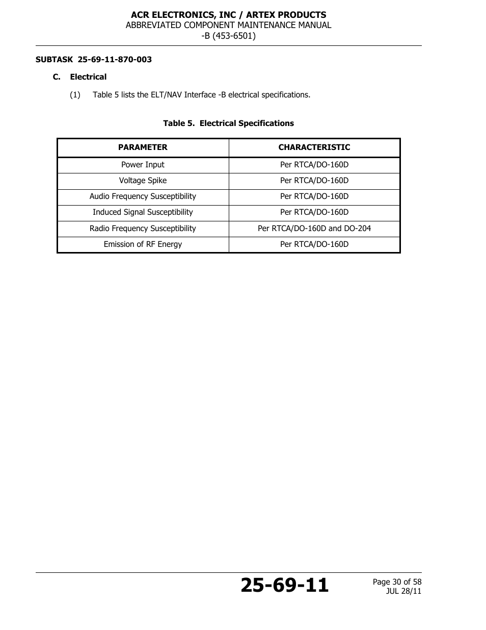C. electrical, Table 5. electrical specifications | ACR&Artex ELT to Nav Interface Boeing User Manual | Page 30 / 58