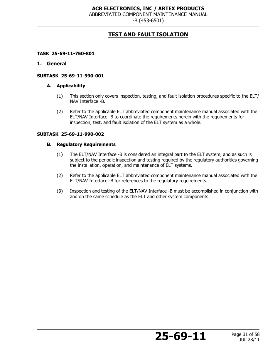 Test and fault isolation, General, A. applicability | B. regulatory requirements | ACR&Artex ELT to Nav Interface Boeing User Manual | Page 31 / 58