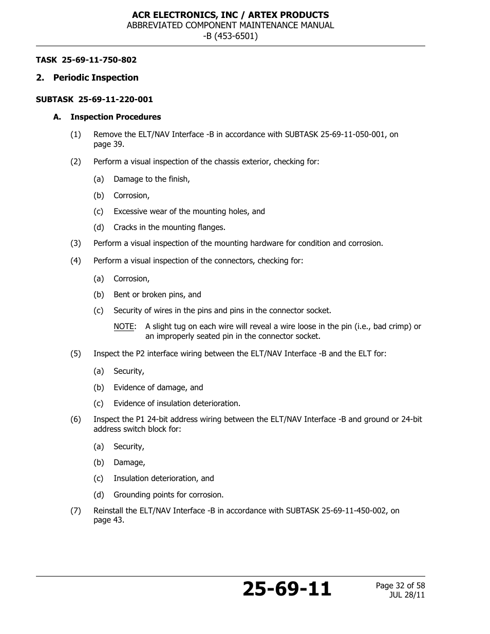 Periodic inspection, A. inspection procedures | ACR&Artex ELT to Nav Interface Boeing User Manual | Page 32 / 58