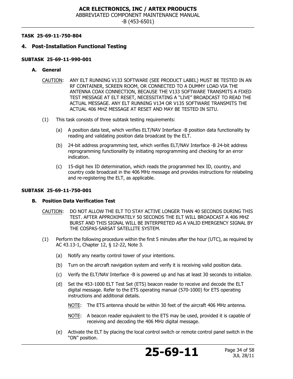 Post-installation functional testing, A. general, B. position data verification test | ACR&Artex ELT to Nav Interface Boeing User Manual | Page 34 / 58