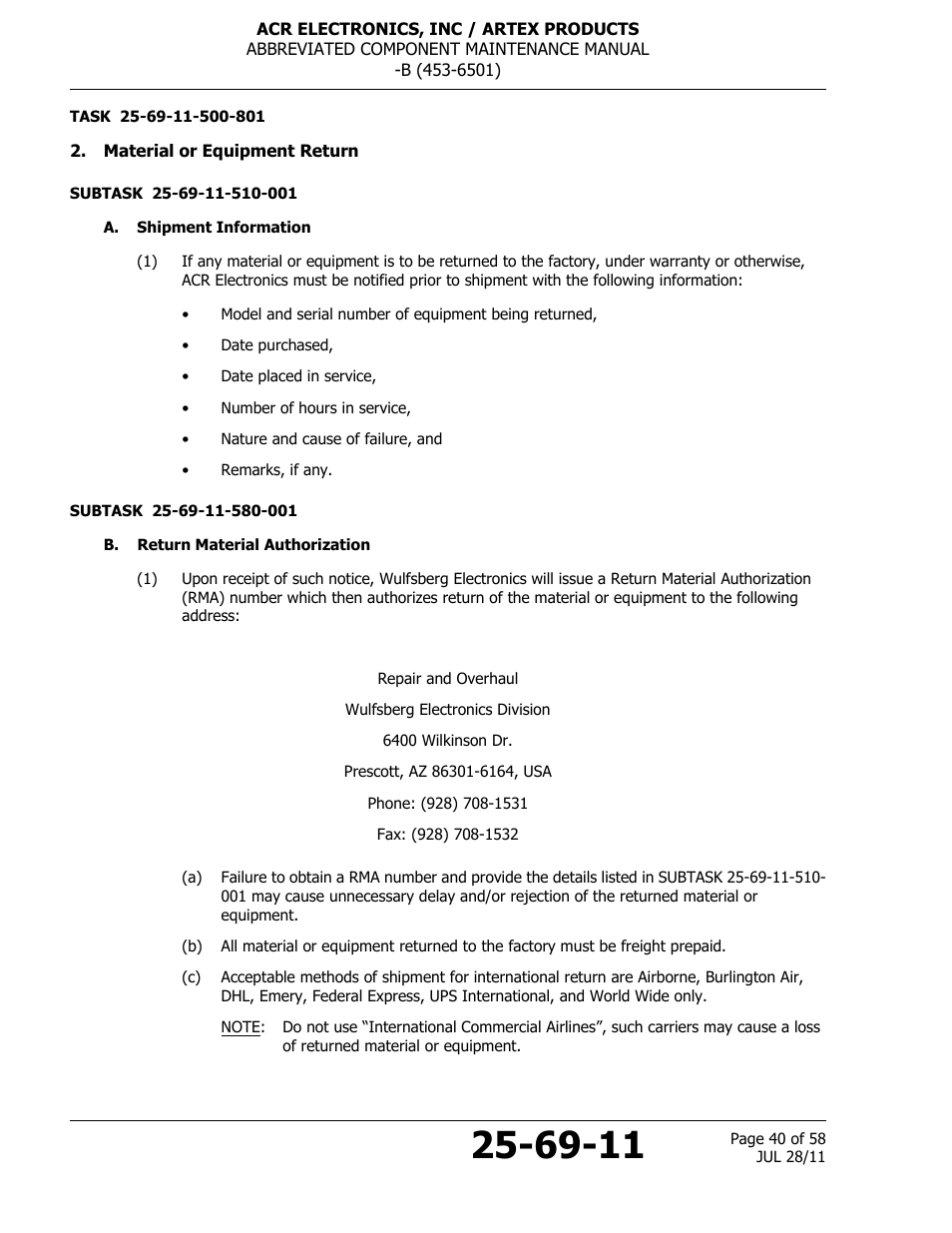 Material or equipment return, A. shipment information, B. return material authorization | ACR&Artex ELT to Nav Interface Boeing User Manual | Page 40 / 58