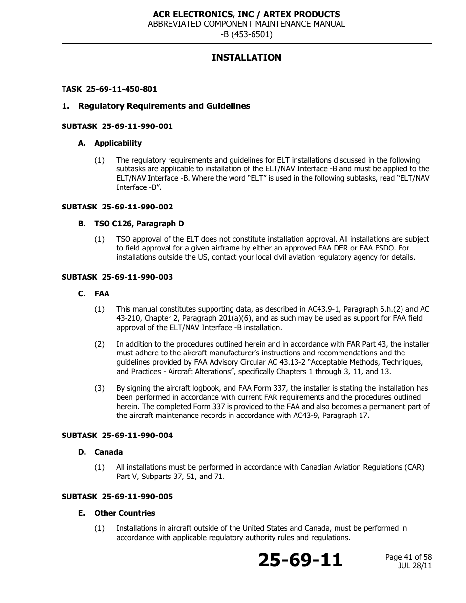 Installation, Regulatory requirements and guidelines, A. applicability | B. tso c126, paragraph d, C. faa, D. canada, E. other countries | ACR&Artex ELT to Nav Interface Boeing User Manual | Page 41 / 58