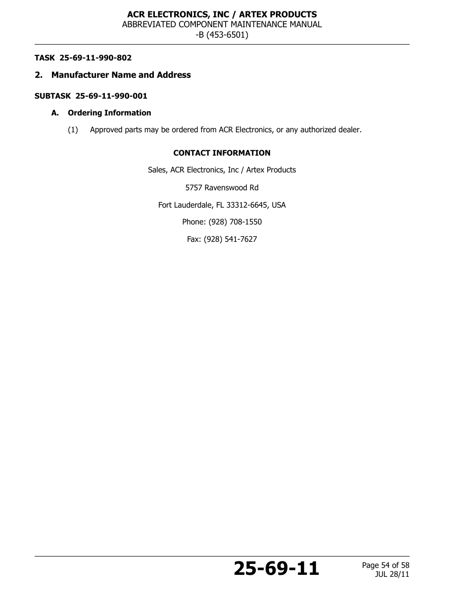 Manufacturer name and address, A. ordering information | ACR&Artex ELT to Nav Interface Boeing User Manual | Page 54 / 58