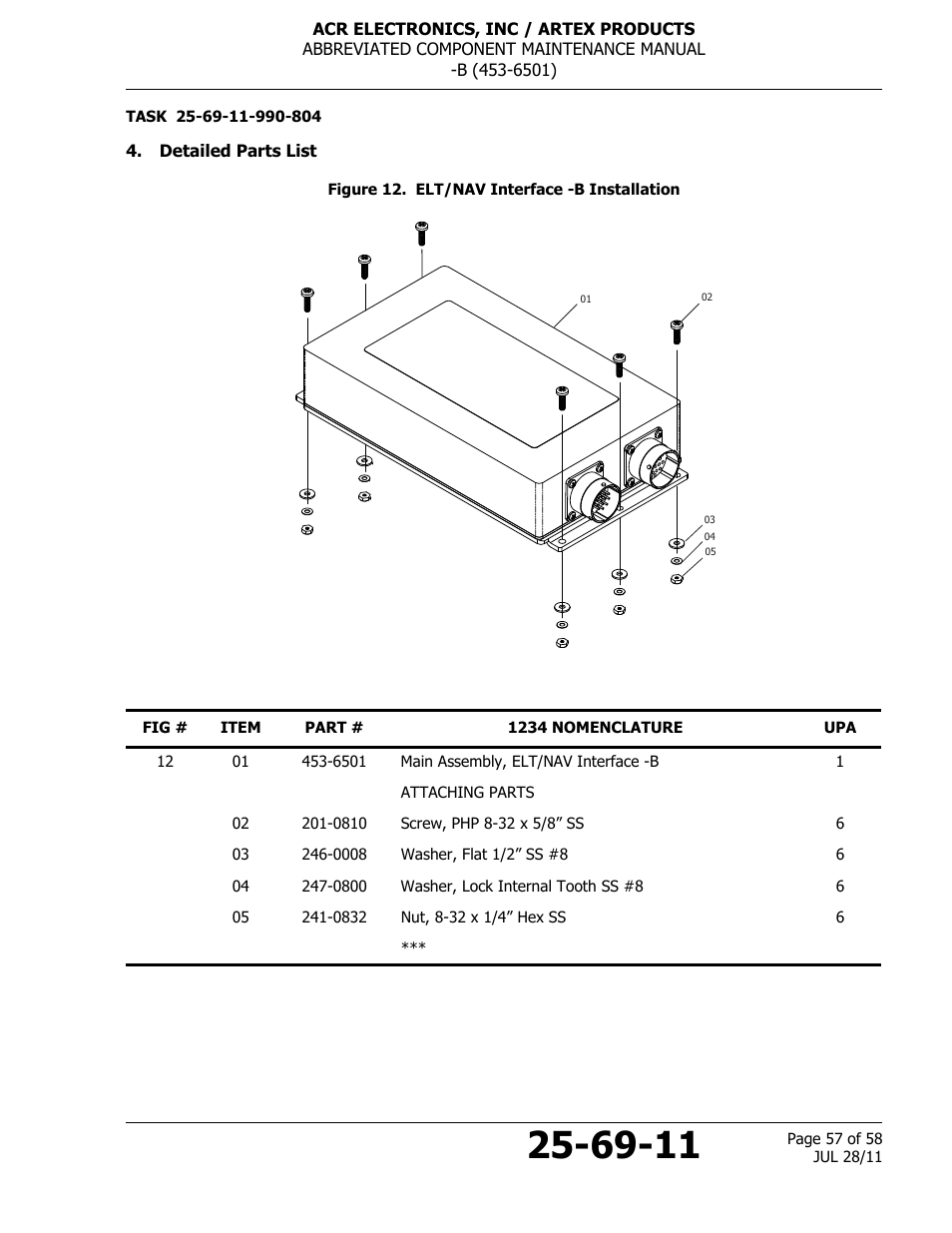 Detailed parts list, Figure 12. elt/nav interface -b installation | ACR&Artex ELT to Nav Interface Boeing User Manual | Page 57 / 58