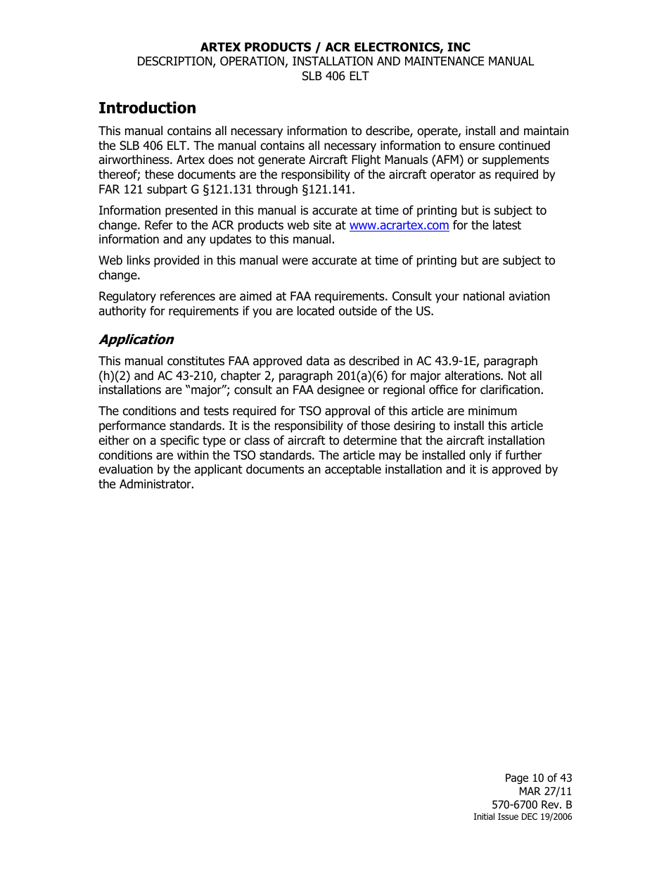 Introduction, Application | ACR&Artex SLB406 ELT User Manual | Page 10 / 43