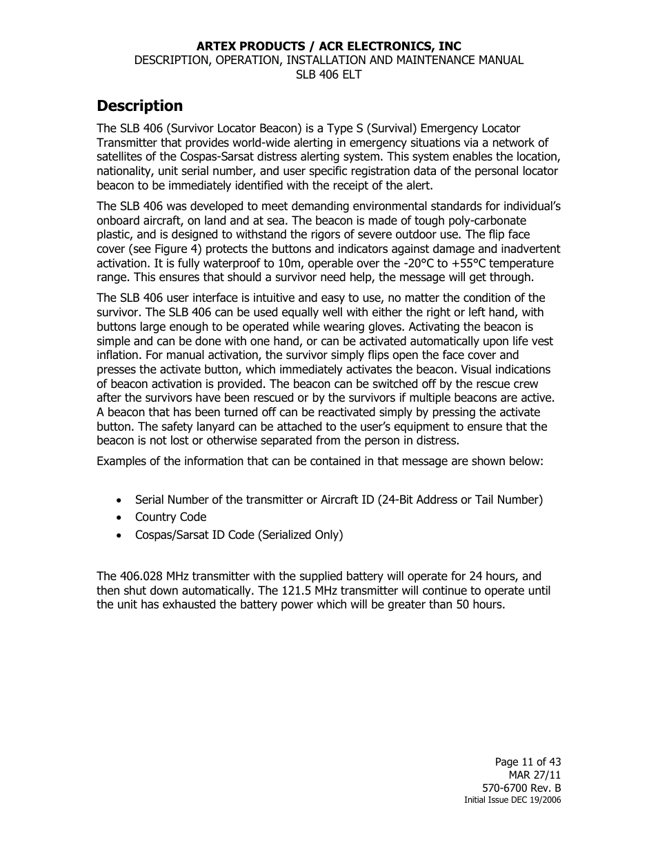 Description | ACR&Artex SLB406 ELT User Manual | Page 11 / 43
