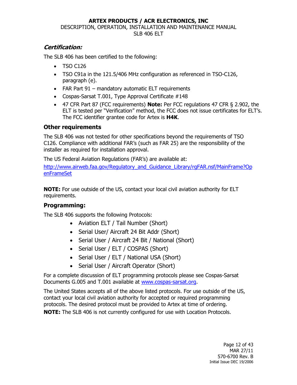 Certification, Other requirements, Programming | ACR&Artex SLB406 ELT User Manual | Page 12 / 43