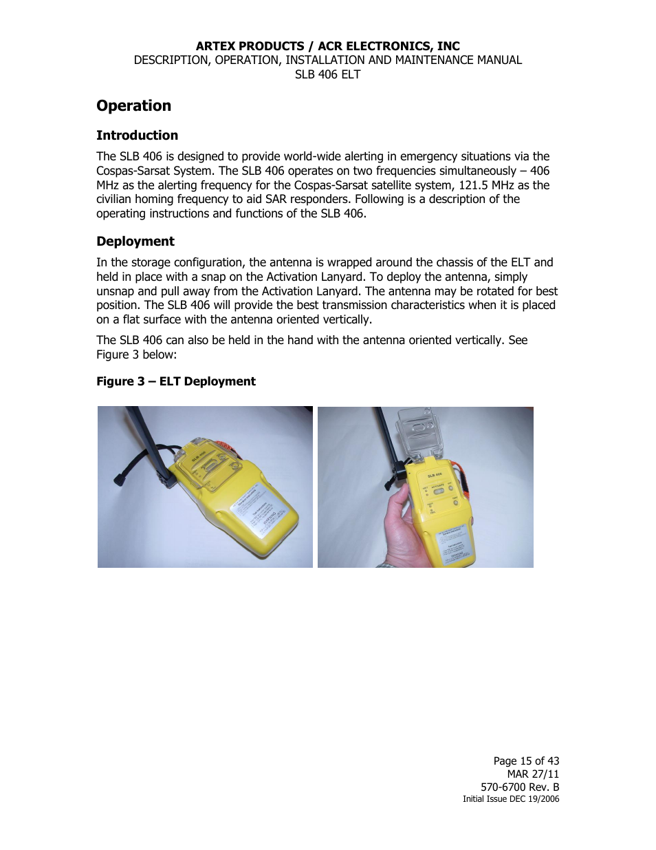 Operation, Introduction, Deployment | Figure 3 – elt deployment | ACR&Artex SLB406 ELT User Manual | Page 15 / 43