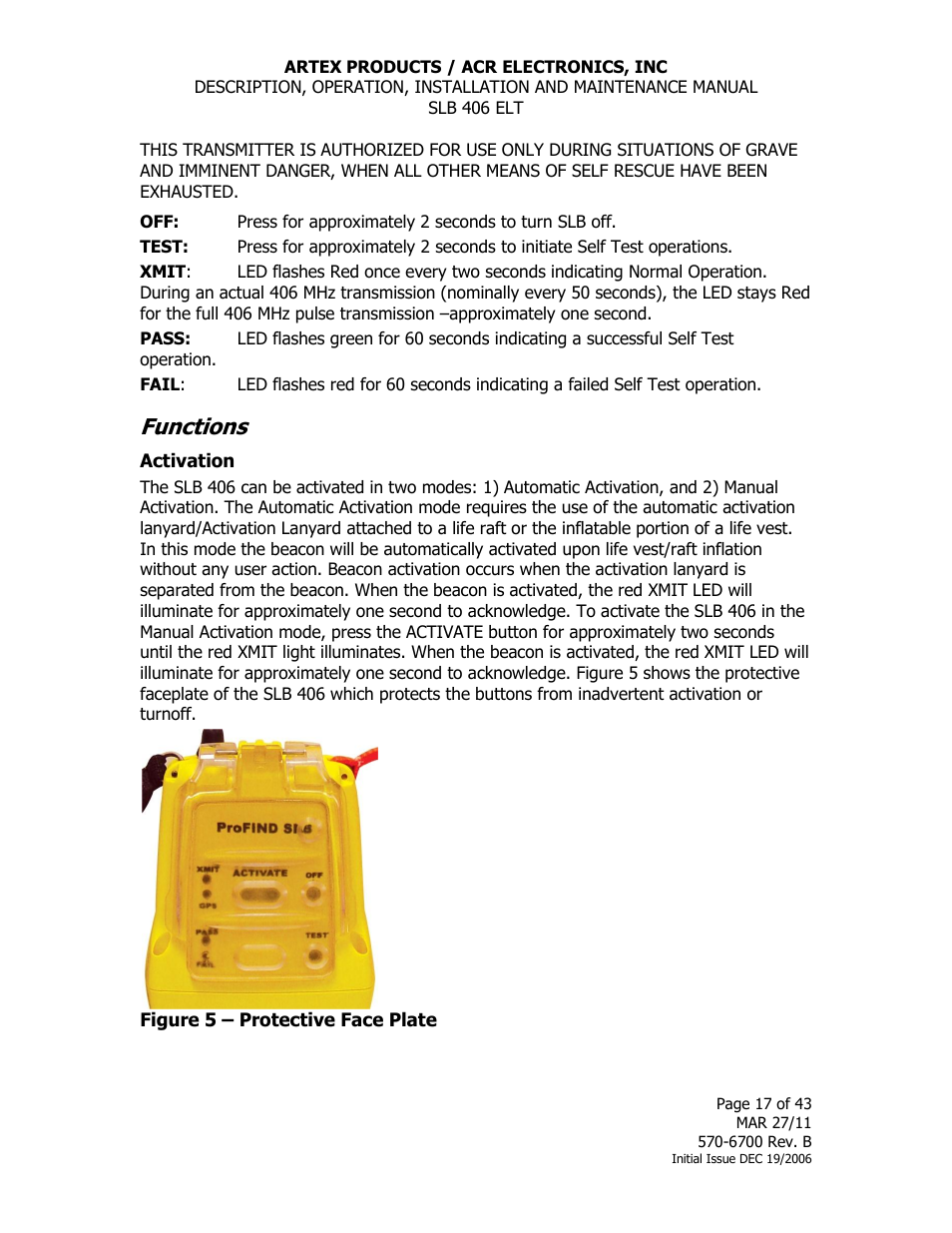 Functions, Activation | ACR&Artex SLB406 ELT User Manual | Page 17 / 43