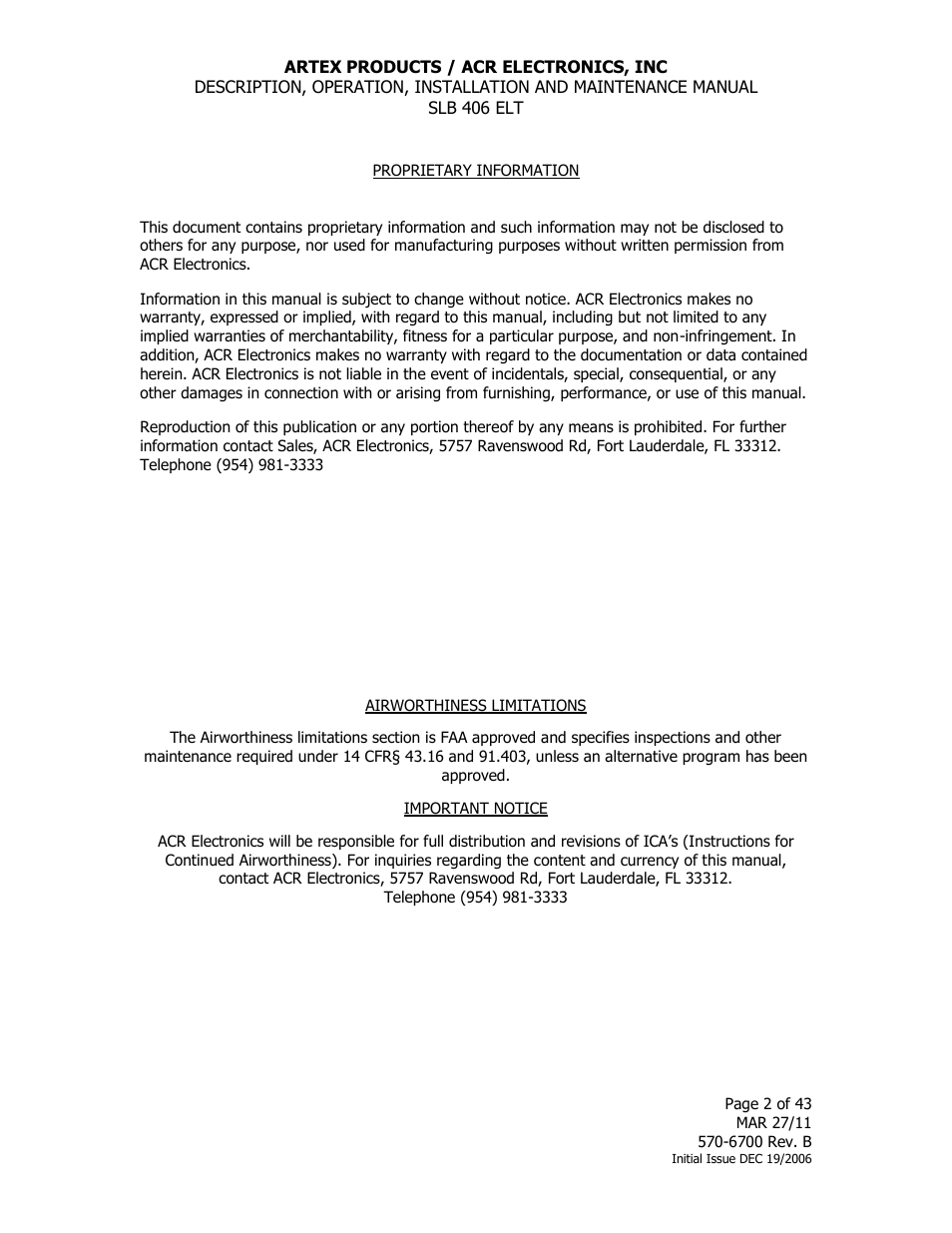 ACR&Artex SLB406 ELT User Manual | Page 2 / 43