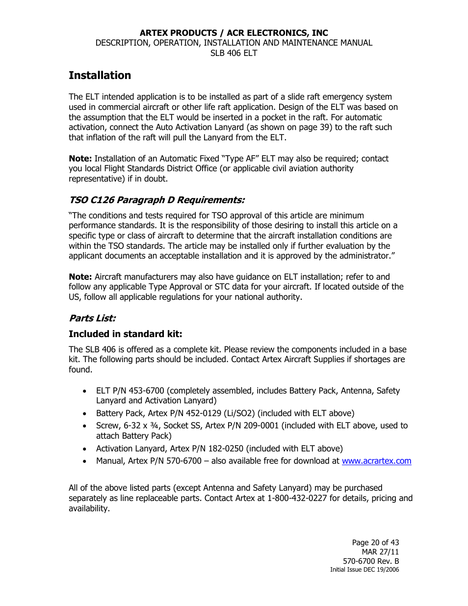 Installation, Tso c126 paragraph d requirements, Parts list | ACR&Artex SLB406 ELT User Manual | Page 20 / 43