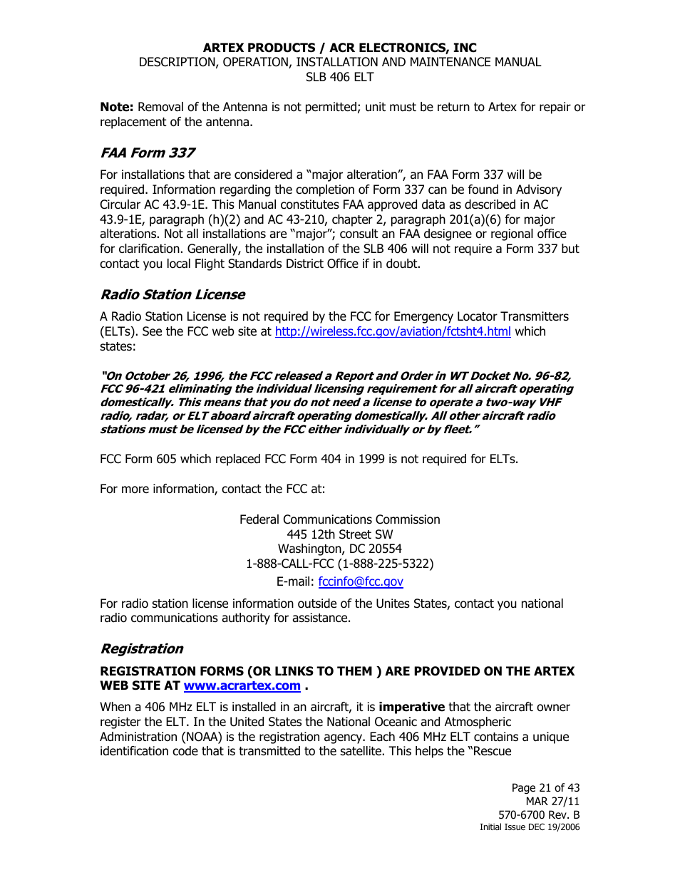 Faa form 337, Radio station license, Registration | ACR&Artex SLB406 ELT User Manual | Page 21 / 43