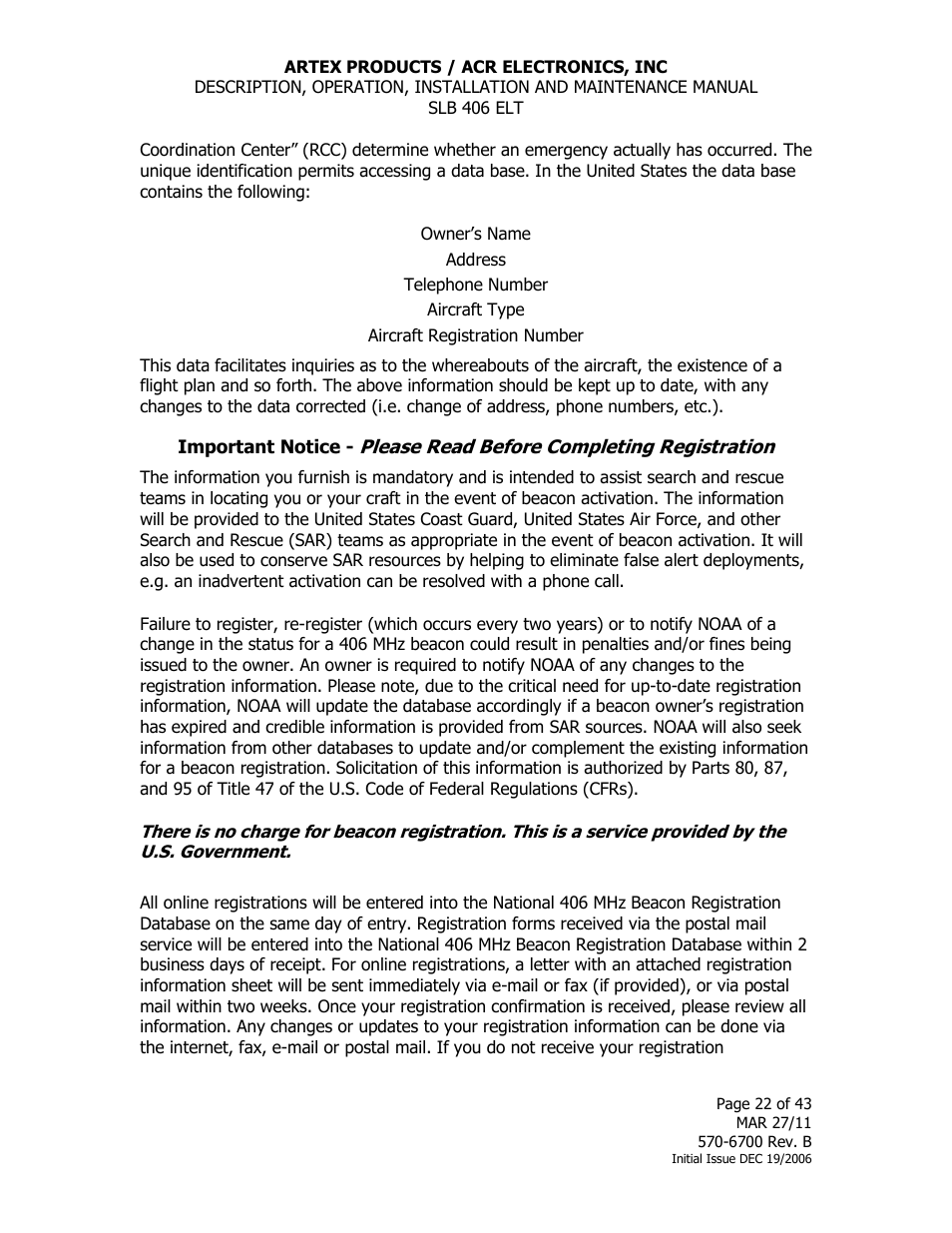 ACR&Artex SLB406 ELT User Manual | Page 22 / 43