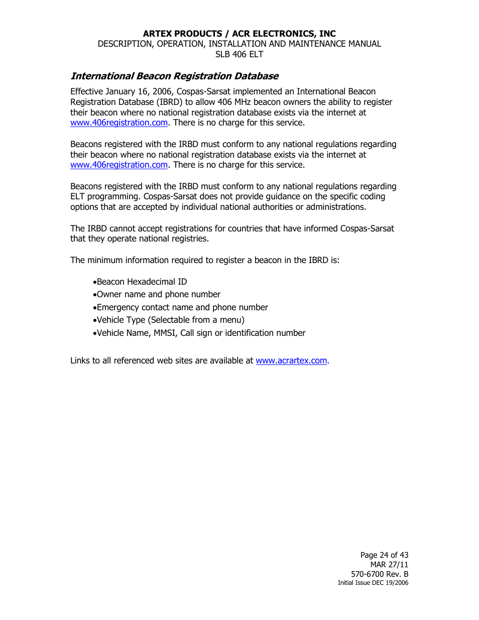 International beacon registration database | ACR&Artex SLB406 ELT User Manual | Page 24 / 43