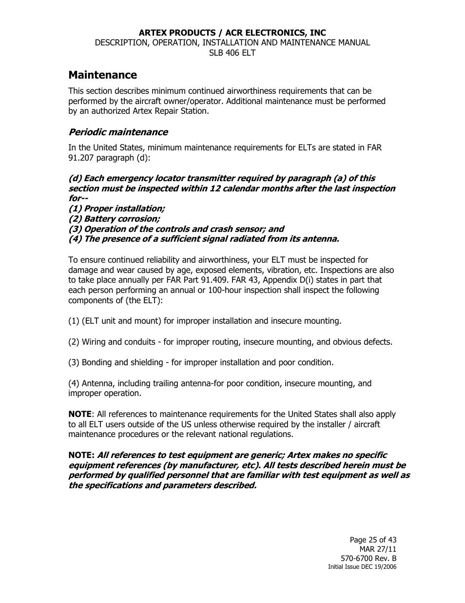 Maintenance, Periodic maintenance | ACR&Artex SLB406 ELT User Manual | Page 25 / 43