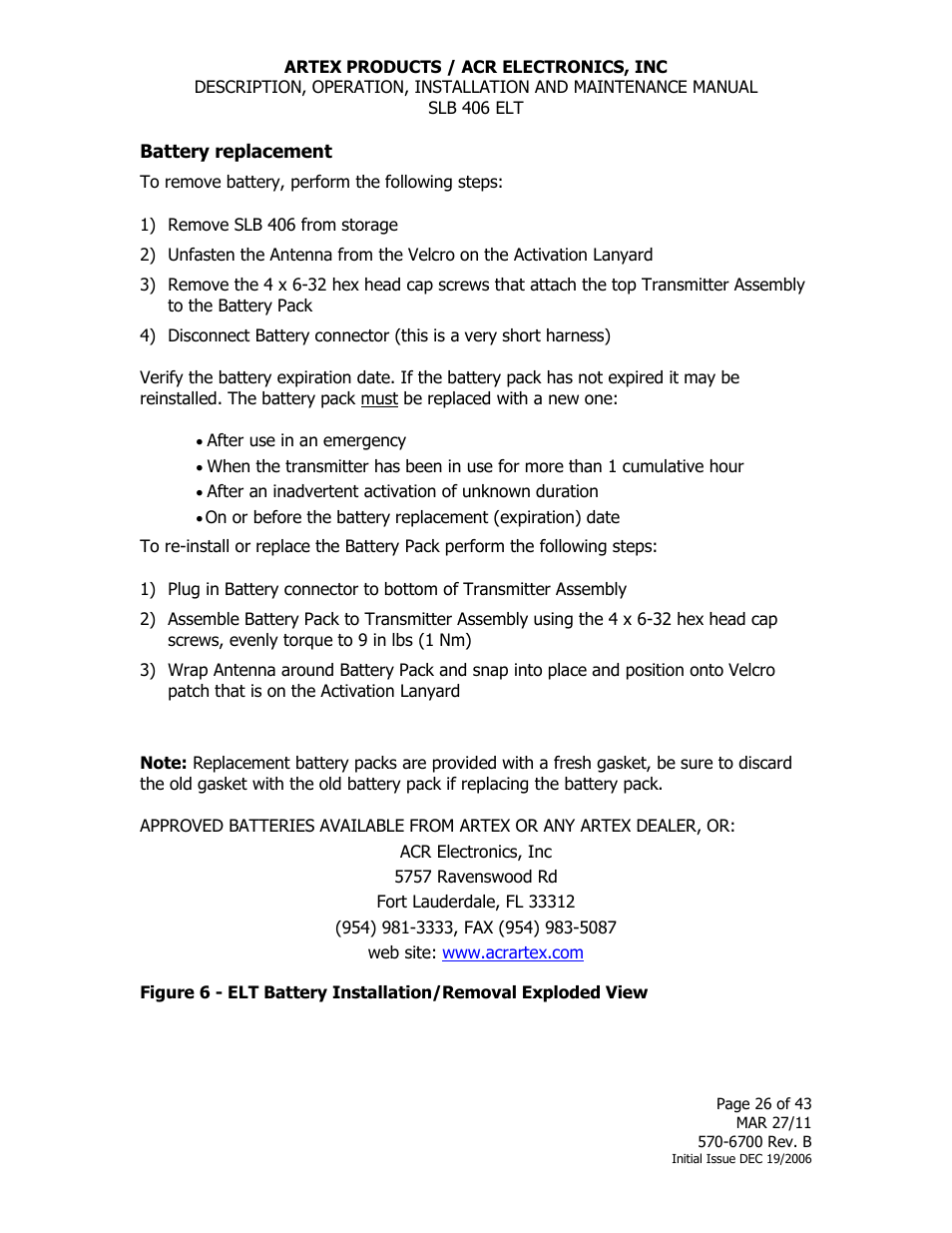 Battery replacement | ACR&Artex SLB406 ELT User Manual | Page 26 / 43