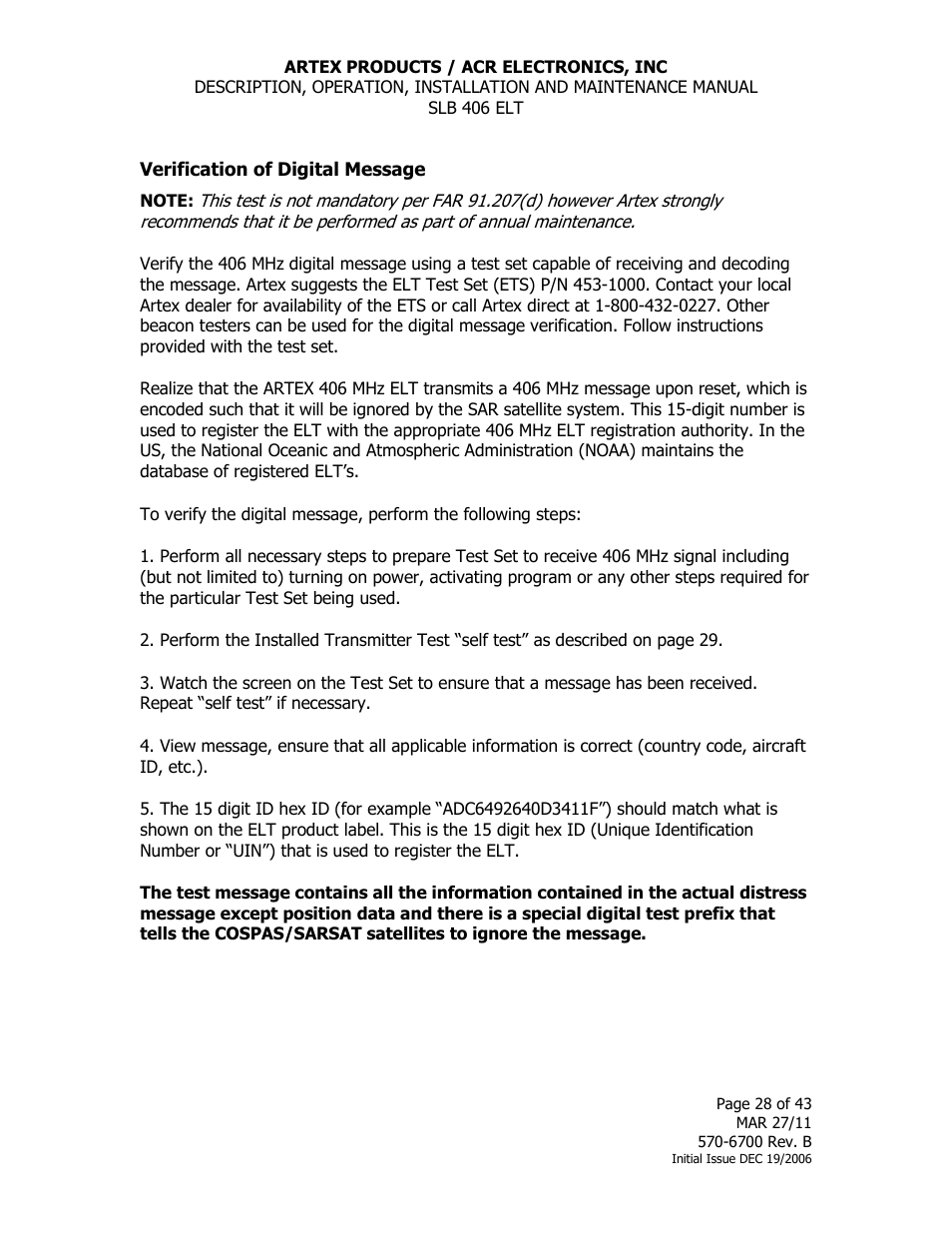 Verification of digital message | ACR&Artex SLB406 ELT User Manual | Page 28 / 43