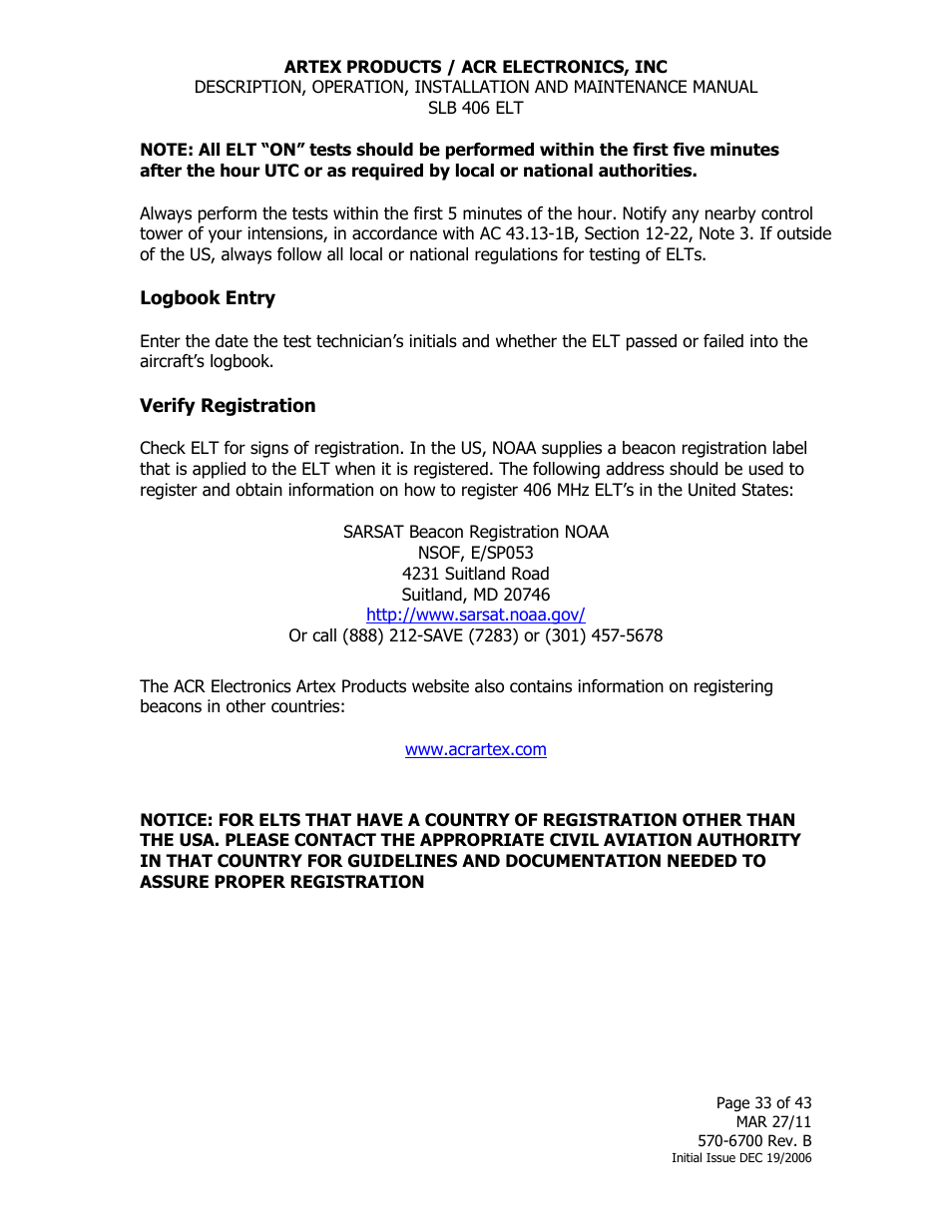 Logbook entry, Verify registration | ACR&Artex SLB406 ELT User Manual | Page 33 / 43