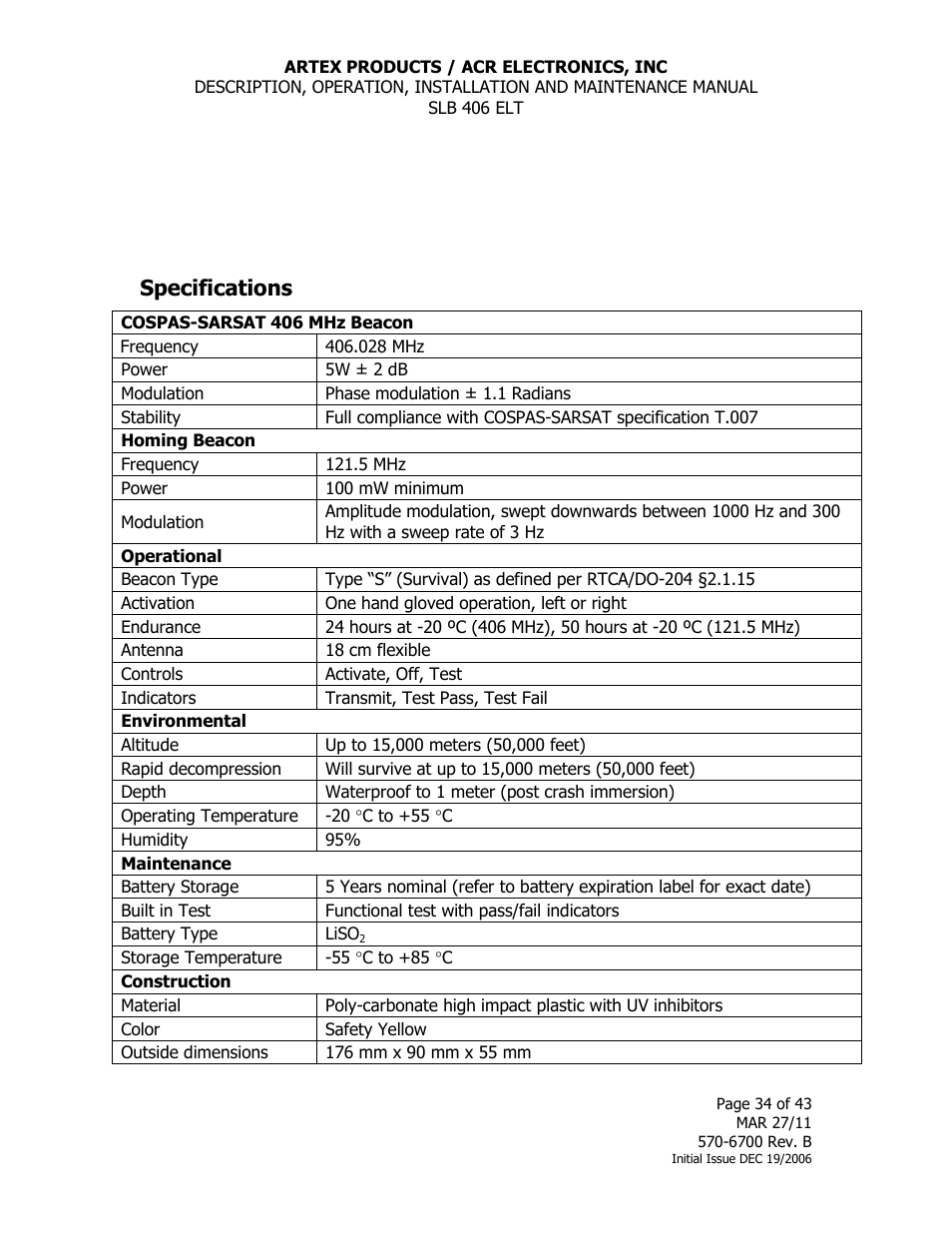 Specifications | ACR&Artex SLB406 ELT User Manual | Page 34 / 43