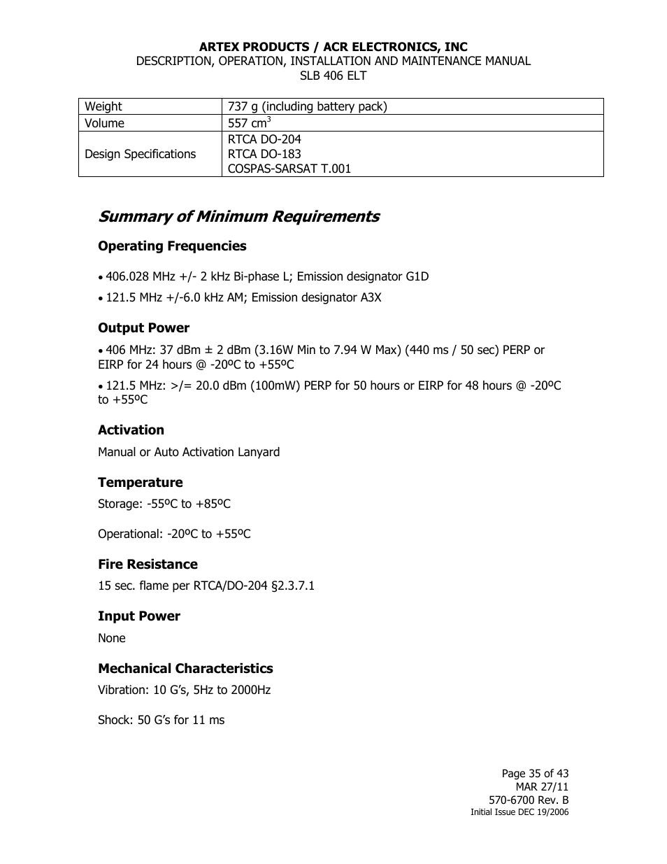 Summary of minimum requirements, Operating frequencies, Output power | Activation, Temperature, Fire resistance, Input power, Mechanical characteristics | ACR&Artex SLB406 ELT User Manual | Page 35 / 43