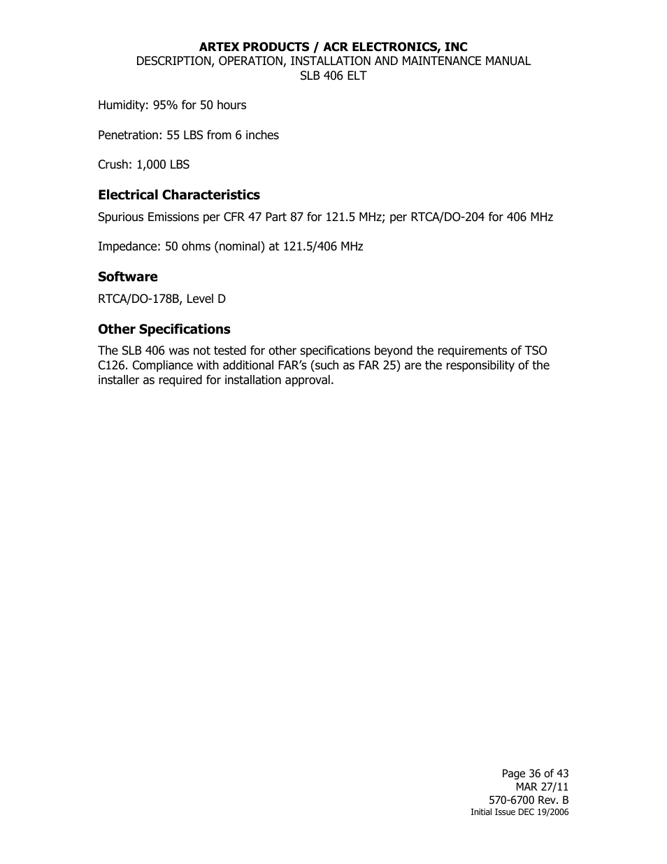 Electrical characteristics, Software, Other specifications | ACR&Artex SLB406 ELT User Manual | Page 36 / 43