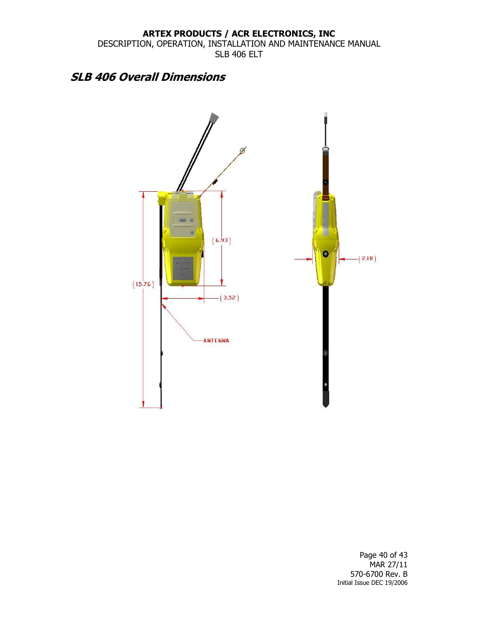 Slb 406 overall dimensions | ACR&Artex SLB406 ELT User Manual | Page 40 / 43