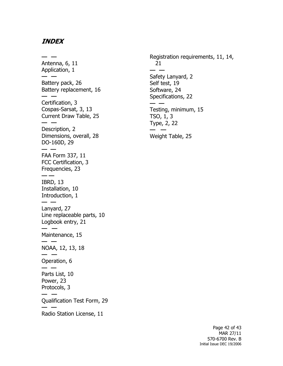 Index | ACR&Artex SLB406 ELT User Manual | Page 42 / 43