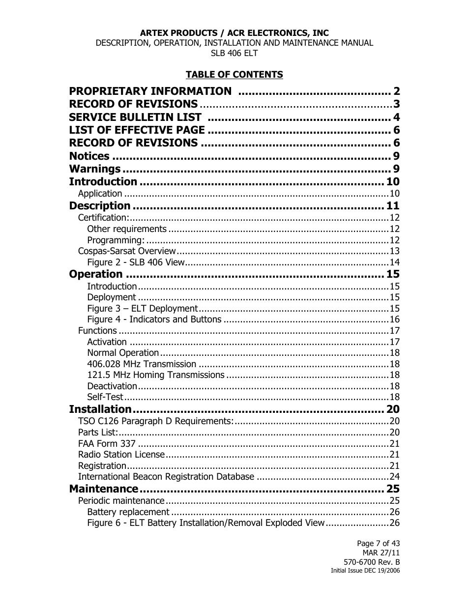 ACR&Artex SLB406 ELT User Manual | Page 7 / 43