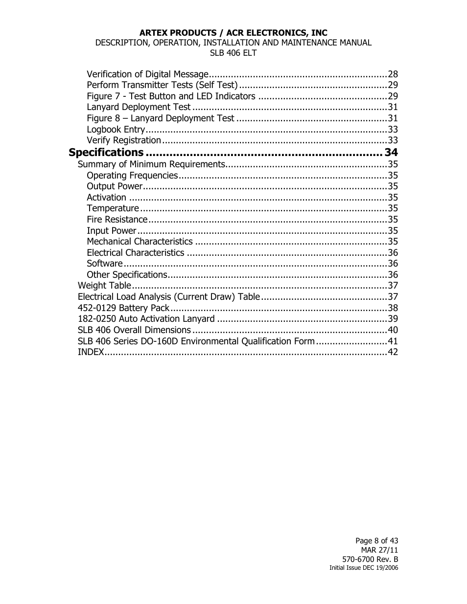 Specifications | ACR&Artex SLB406 ELT User Manual | Page 8 / 43