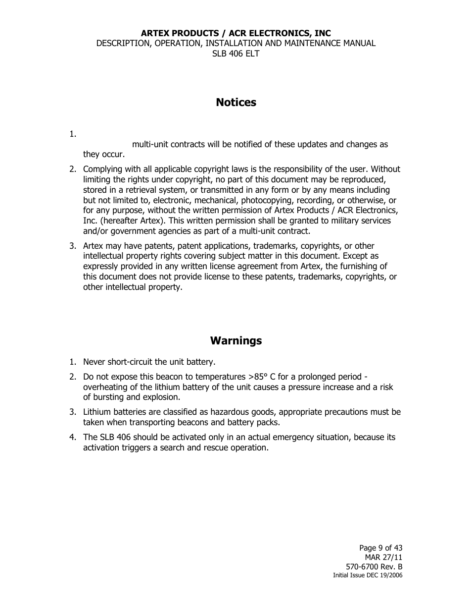 Notices, Warnings | ACR&Artex SLB406 ELT User Manual | Page 9 / 43