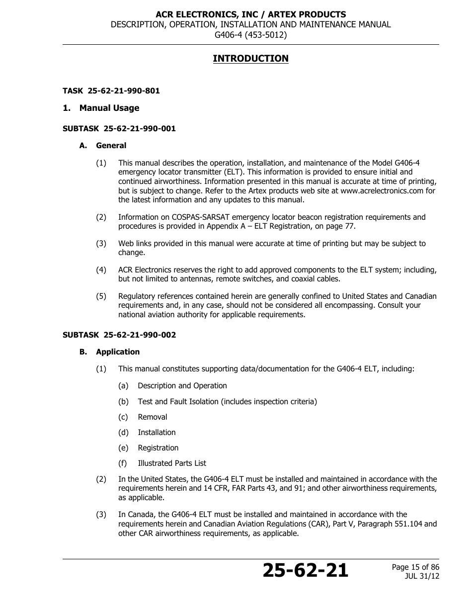 Introduction, Manual usage, A. general | B. application | ACR&Artex G406-4 ELT User Manual | Page 15 / 86
