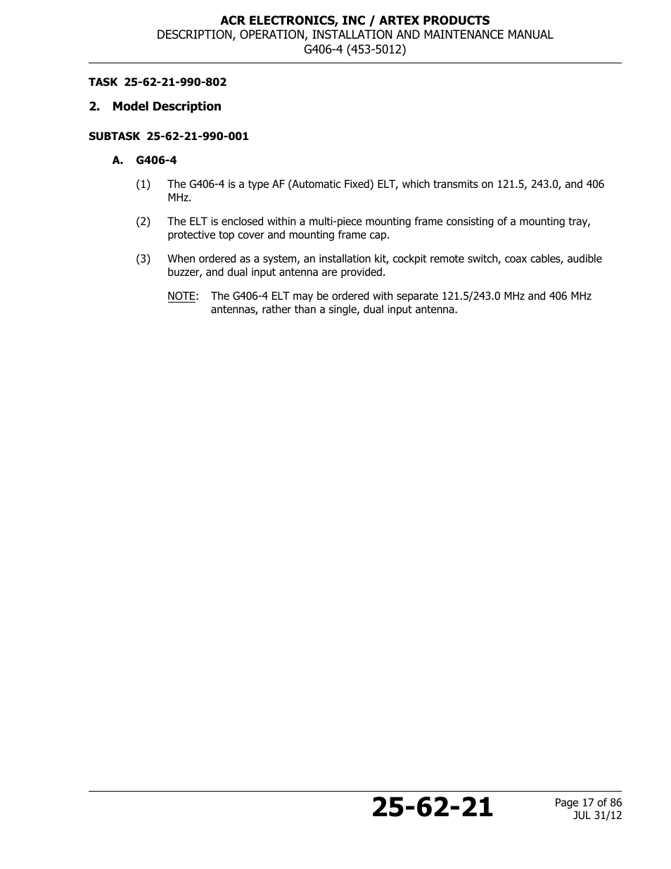 Model description, A. g406-4 | ACR&Artex G406-4 ELT User Manual | Page 17 / 86