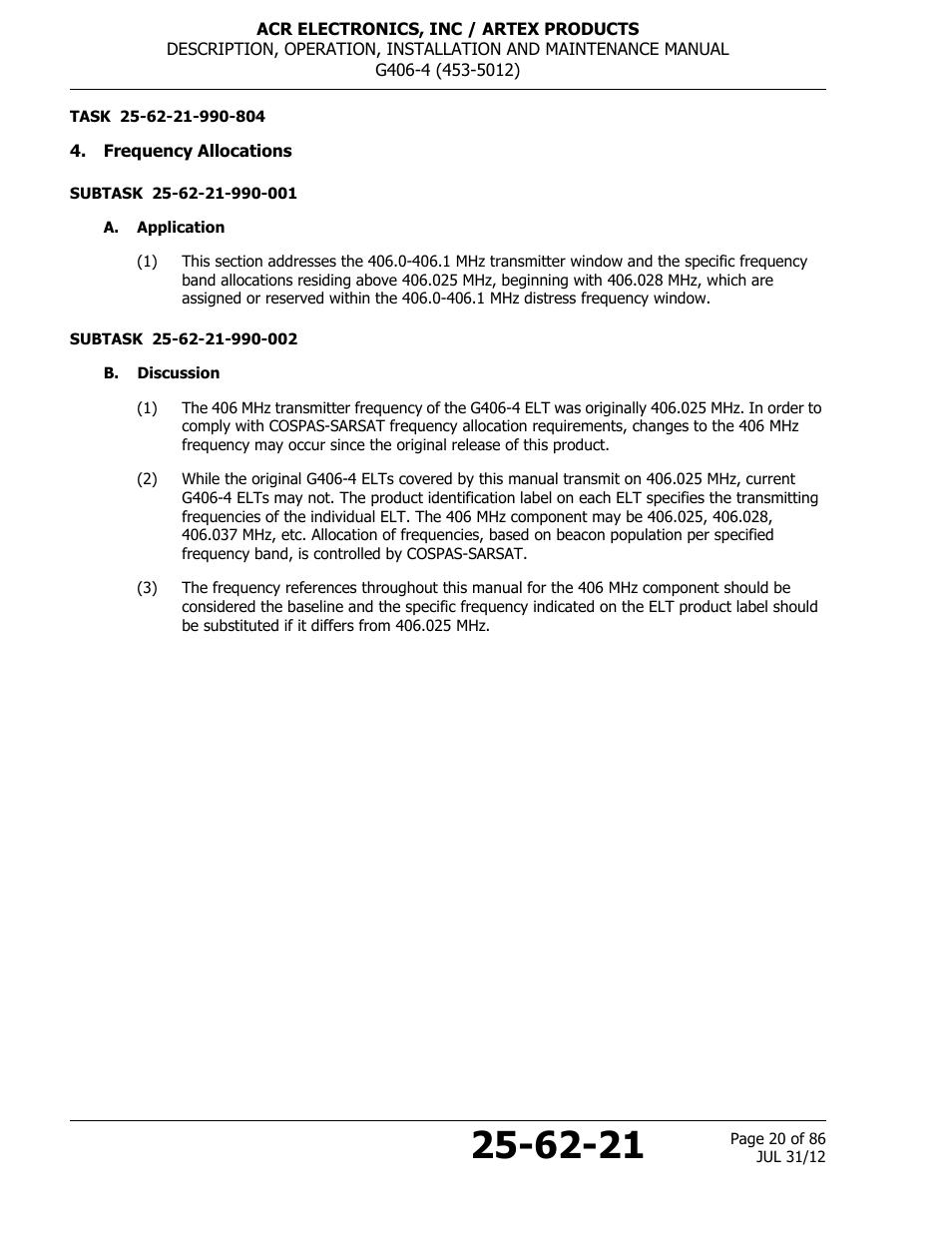 Frequency allocations, A. application, B. discussion | ACR&Artex G406-4 ELT User Manual | Page 20 / 86
