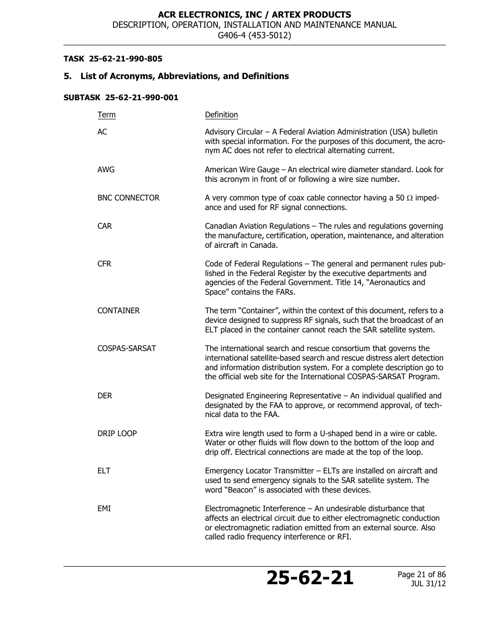 List of acronyms, abbreviations, and definitions | ACR&Artex G406-4 ELT User Manual | Page 21 / 86