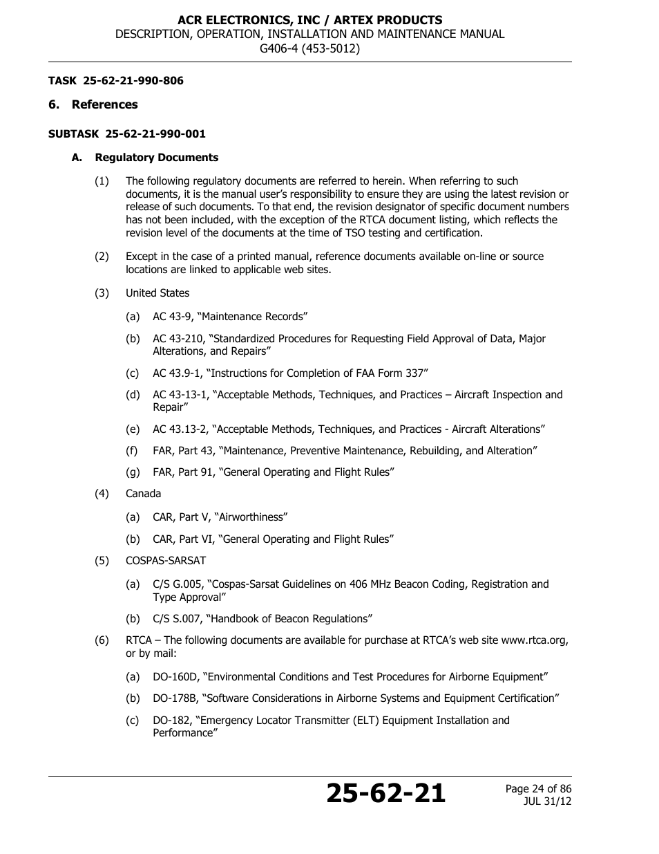 References, A. regulatory documents | ACR&Artex G406-4 ELT User Manual | Page 24 / 86
