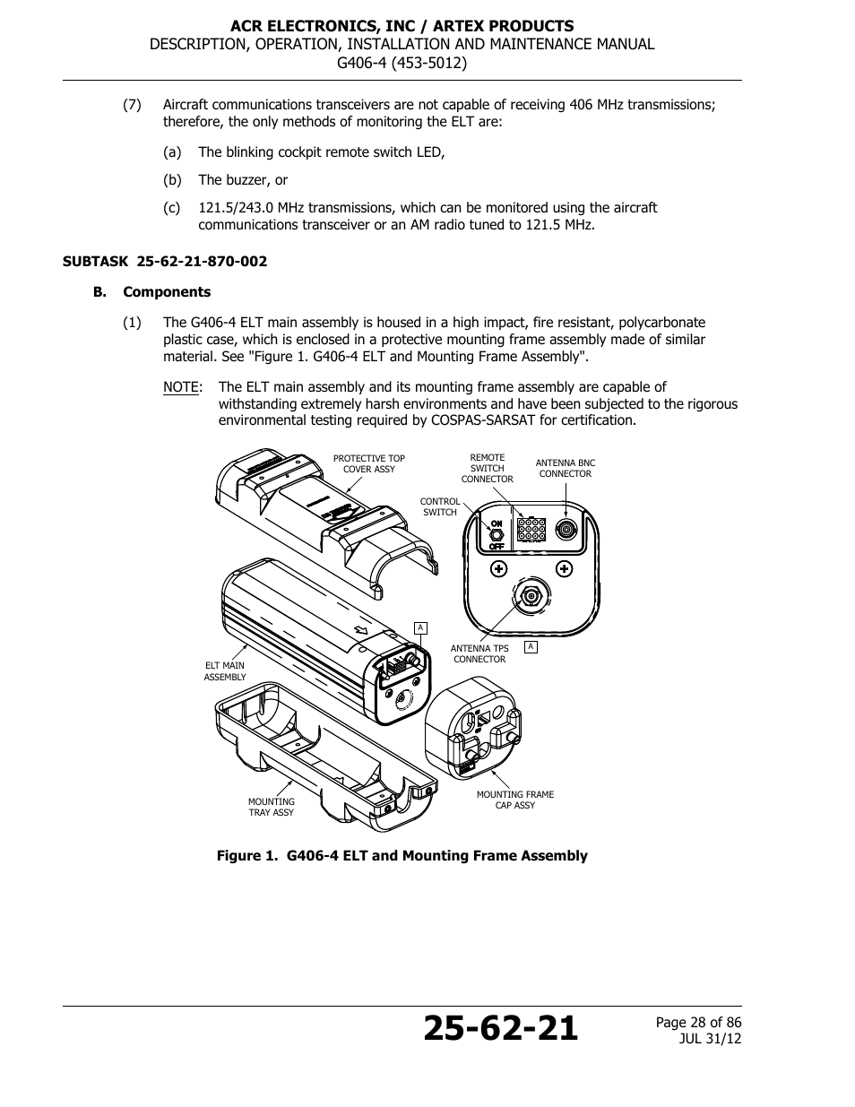 B. components, Figure 1. g406-4 elt and mounting frame assembly | ACR&Artex G406-4 ELT User Manual | Page 28 / 86