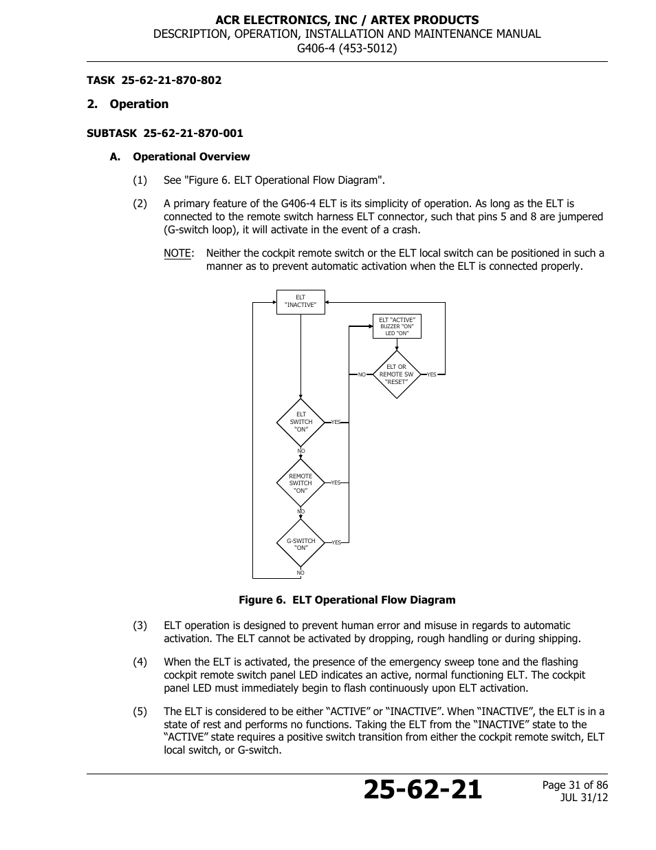 Operation, A. operational overview, Figure 6. elt operational flow diagram | ACR&Artex G406-4 ELT User Manual | Page 31 / 86