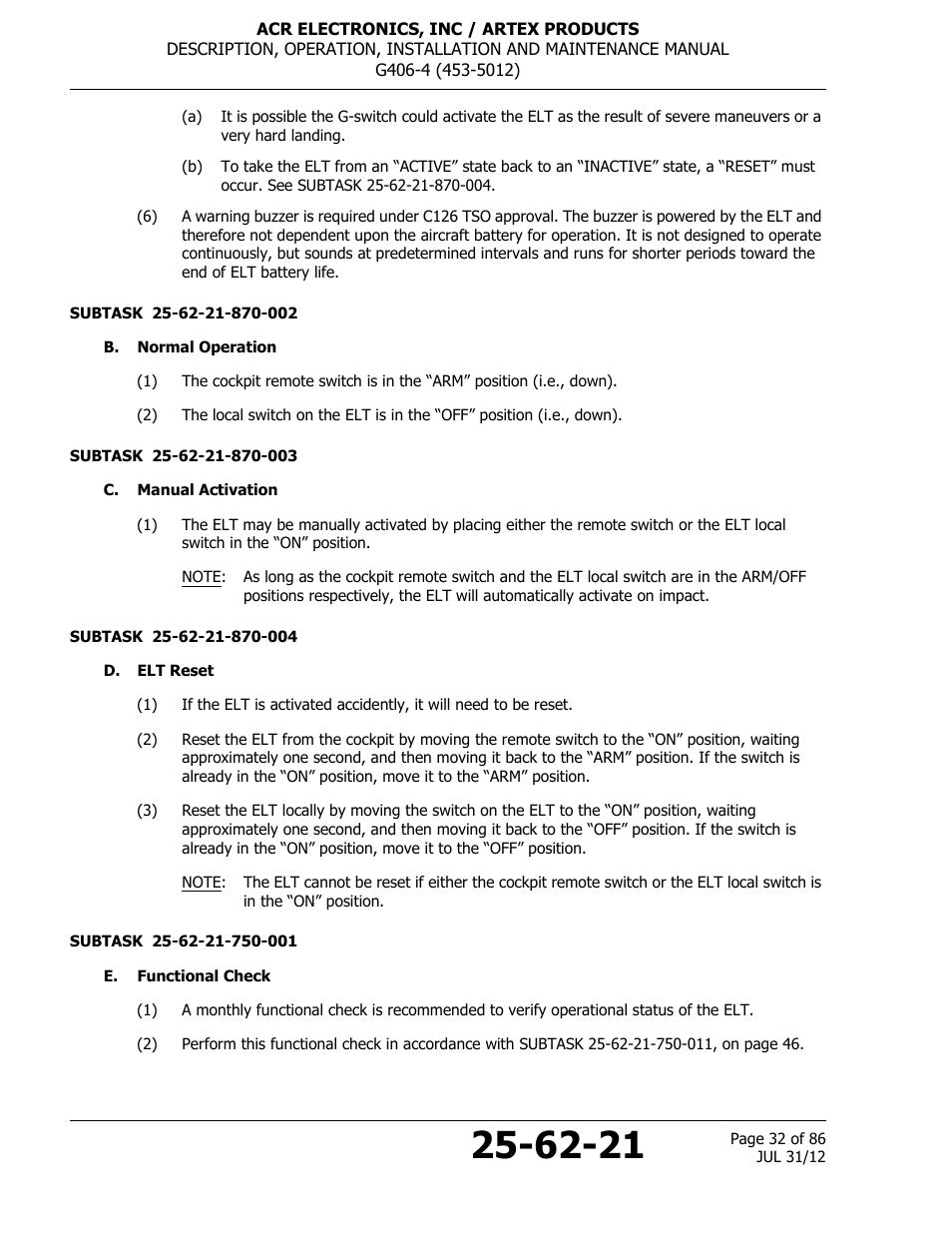 B. normal operation, C. manual activation, D. elt reset | E. functional check | ACR&Artex G406-4 ELT User Manual | Page 32 / 86