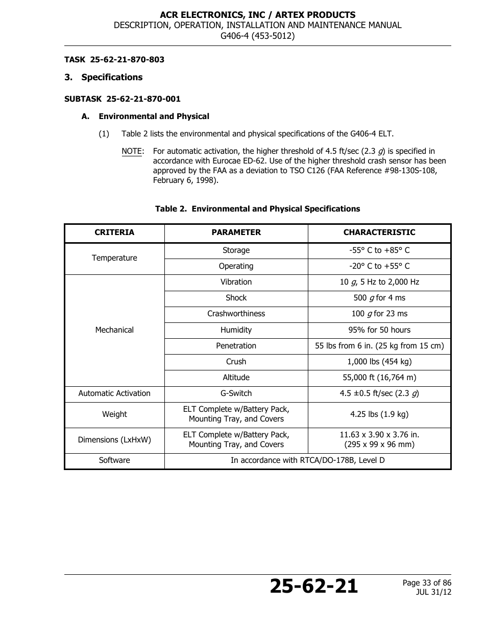 Specifications, A. environmental and physical, Table 2. environmental and physical specifications | ACR&Artex G406-4 ELT User Manual | Page 33 / 86