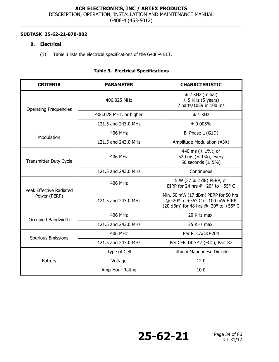 B. electrical, Table 3. electrical specifications | ACR&Artex G406-4 ELT User Manual | Page 34 / 86