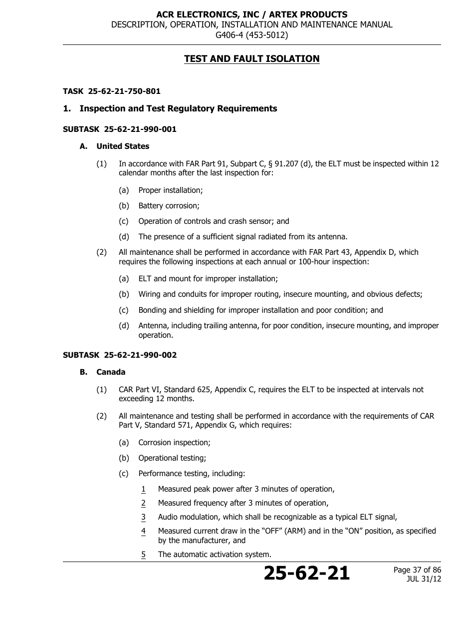 Test and fault isolation, Inspection and test regulatory requirements, A. united states | B. canada | ACR&Artex G406-4 ELT User Manual | Page 37 / 86
