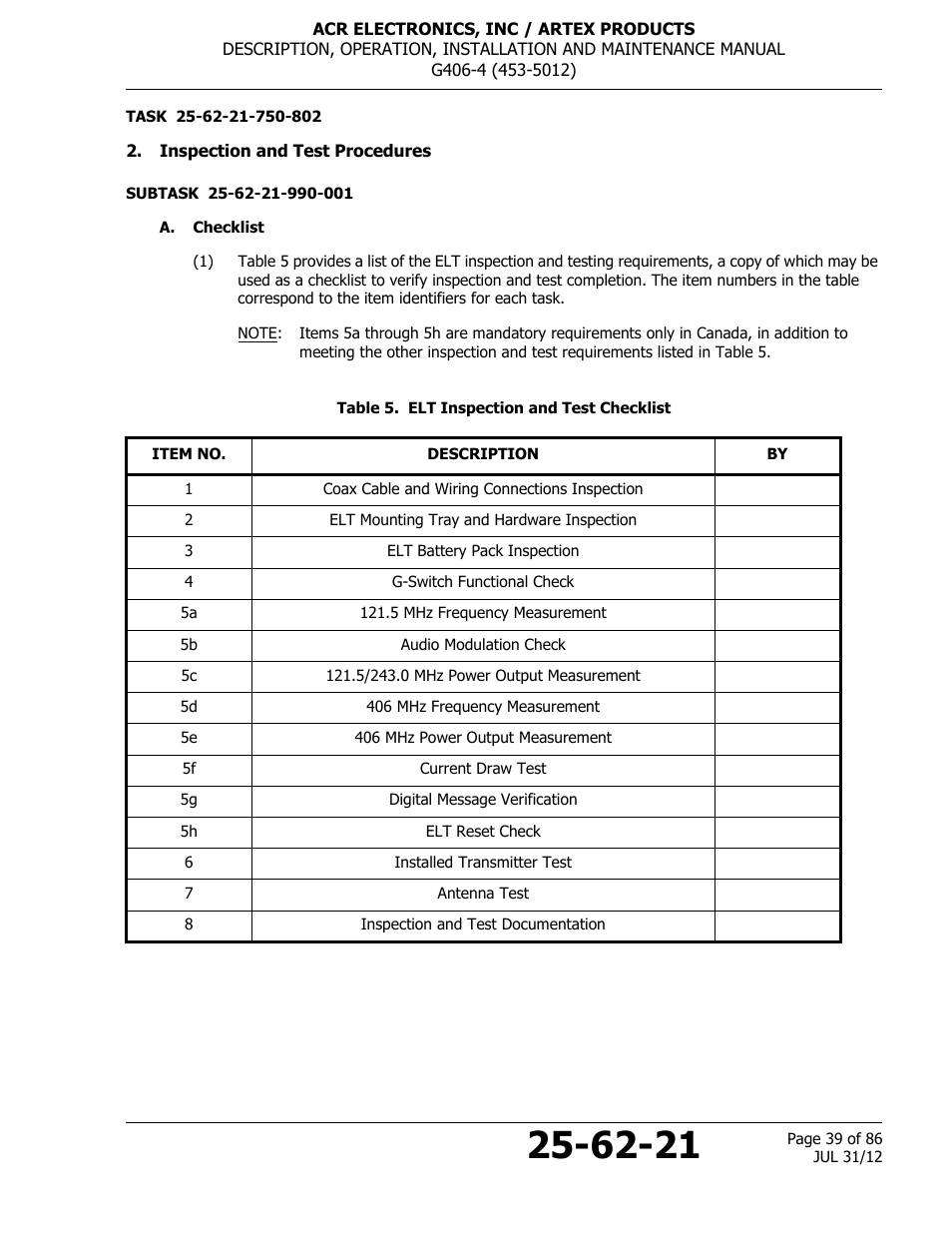 Inspection and test procedures, A. checklist, Table 5. elt inspection and test checklist | ACR&Artex G406-4 ELT User Manual | Page 39 / 86