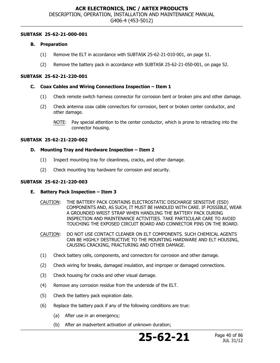 B. preparation, D. mounting tray and hardware inspection – item 2, E. battery pack inspection – item 3 | ACR&Artex G406-4 ELT User Manual | Page 40 / 86