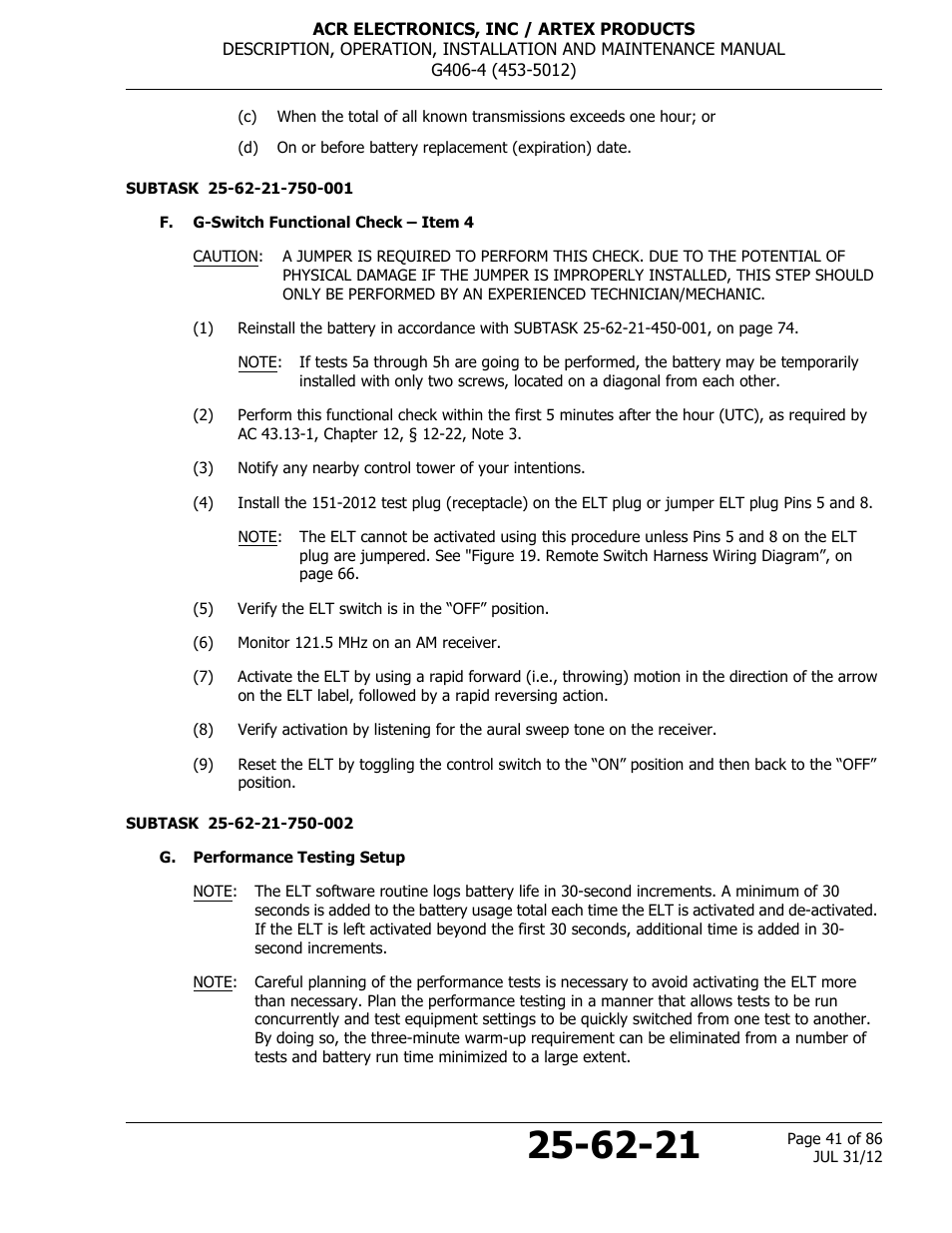 F. g-switch functional check – item 4, G. performance testing setup | ACR&Artex G406-4 ELT User Manual | Page 41 / 86