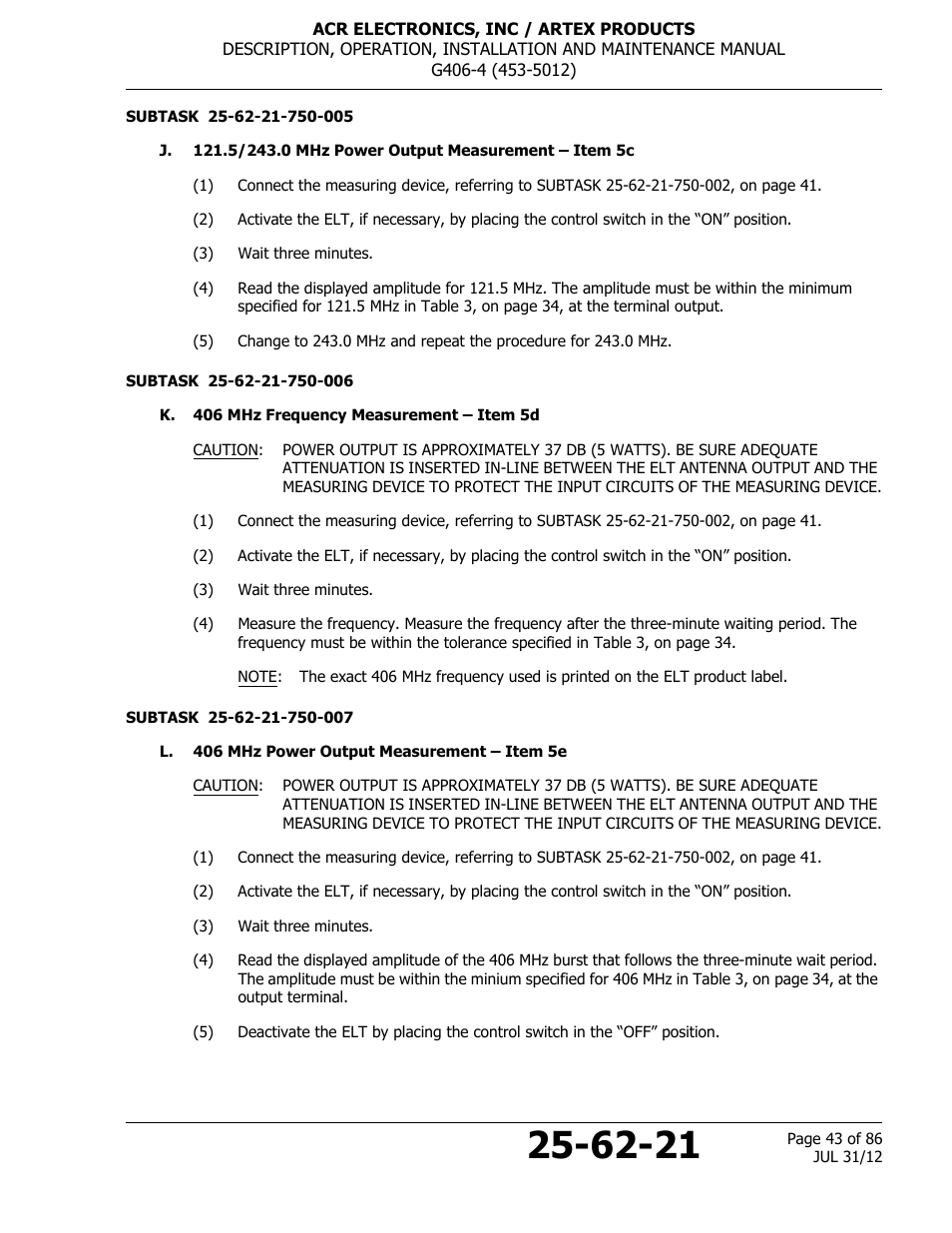 K. 406 mhz frequency measurement – item 5d, L. 406 mhz power output measurement – item 5e | ACR&Artex G406-4 ELT User Manual | Page 43 / 86