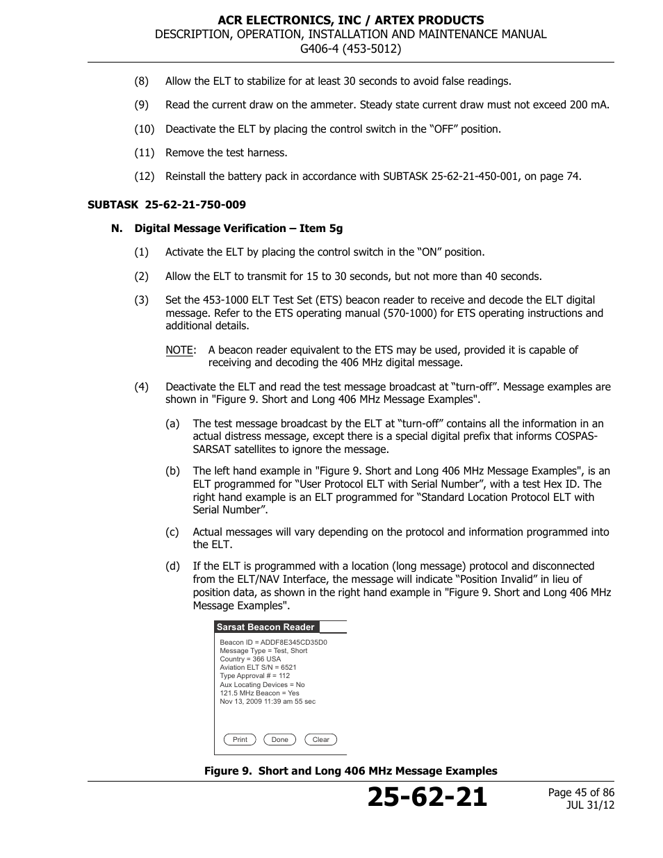 N. digital message verification – item 5g, Figure 9. short and long 406 mhz message examples | ACR&Artex G406-4 ELT User Manual | Page 45 / 86